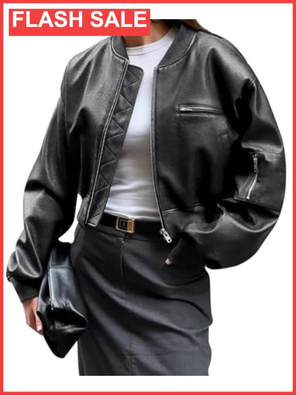 Faux Leather Bomber Jacket Cropped Biker Coat with Pockets
